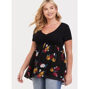 Torrid Floral Babydoll Top Black Multi Size 00 M/L Super Soft Knit